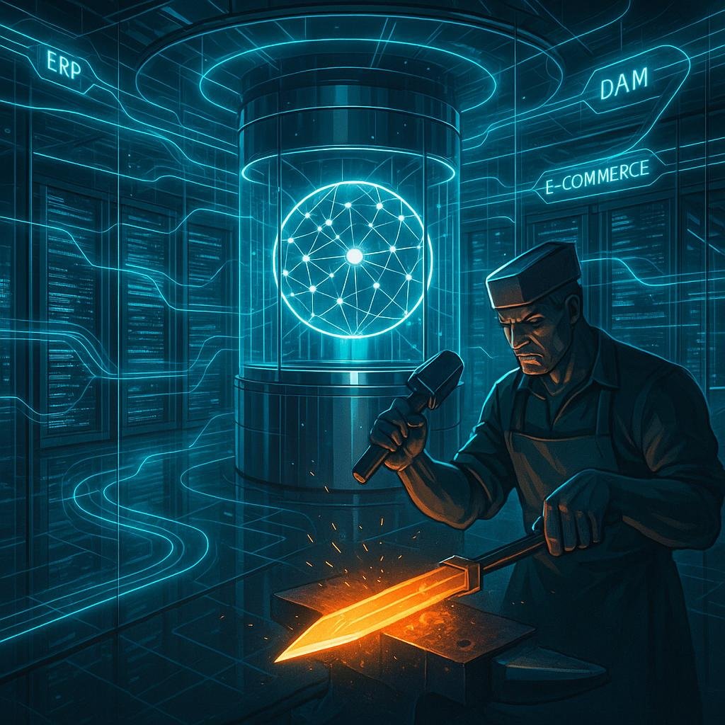 Futuristisches Datenzentrum mit leuchtender Scheibe, holographischen Datenströmen und digitalem Schmied, der Produktdaten bearbeitet, Credit: 404 Magazine (Tobias Hager)