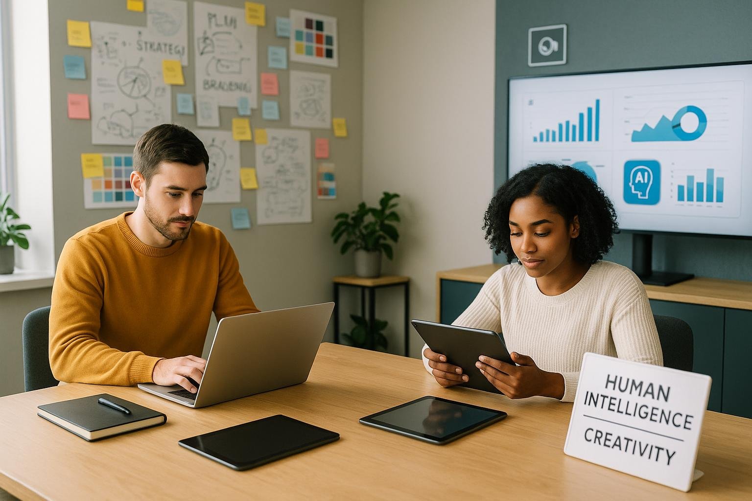 Menschen arbeiten in einem modernen, kreativen Büro mit Laptop, Tablet und Whiteboard, umgeben von Brainstorming-Notizen und Datenvisualisierungen, symbolisierend die Zusammenarbeit zwischen Mensch und KI.