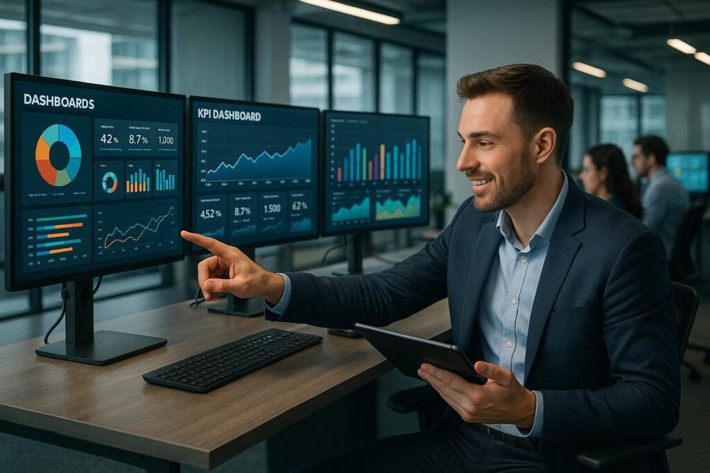 Moderner Arbeitsbereich mit großen Monitoren, die Dashboards und Datenvisualisierungen zeigen, während ein Datenanalyst mit Tablet arbeitet