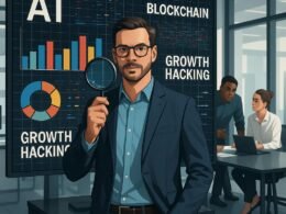 Professioneller Mann mit Lupe vor digitalem Bildschirm voller Analysen, umgeben von Kollegen in einem modernen Büro