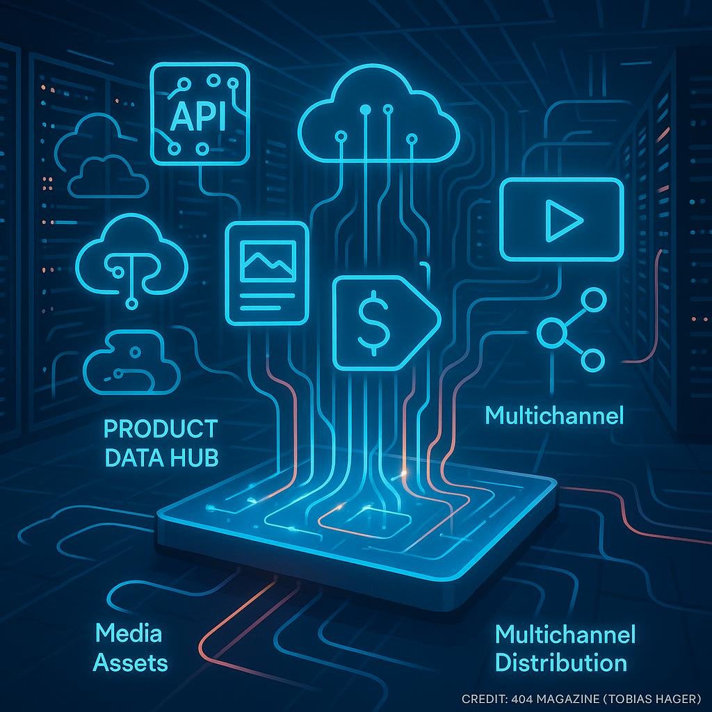 Futuristisches Datenzentrum mit zentraler Plattform, umgeben von Symbolen für APIs, Cloud-Architekturen und Medienassets, vor einem Serverraum mit leuchtenden Serverracks.