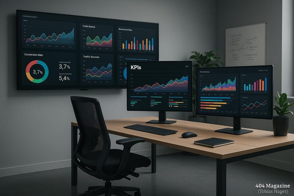 Modernes Büro mit digitalen Screens, KPI-Dashboards, Diagrammen und plant für eine produktive Arbeitsumgebung
