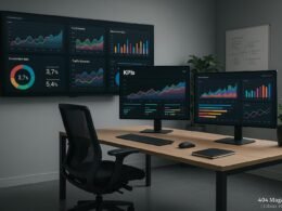Modernes Büro mit digitalen Screens, KPI-Dashboards, Diagrammen und plant für eine produktive Arbeitsumgebung