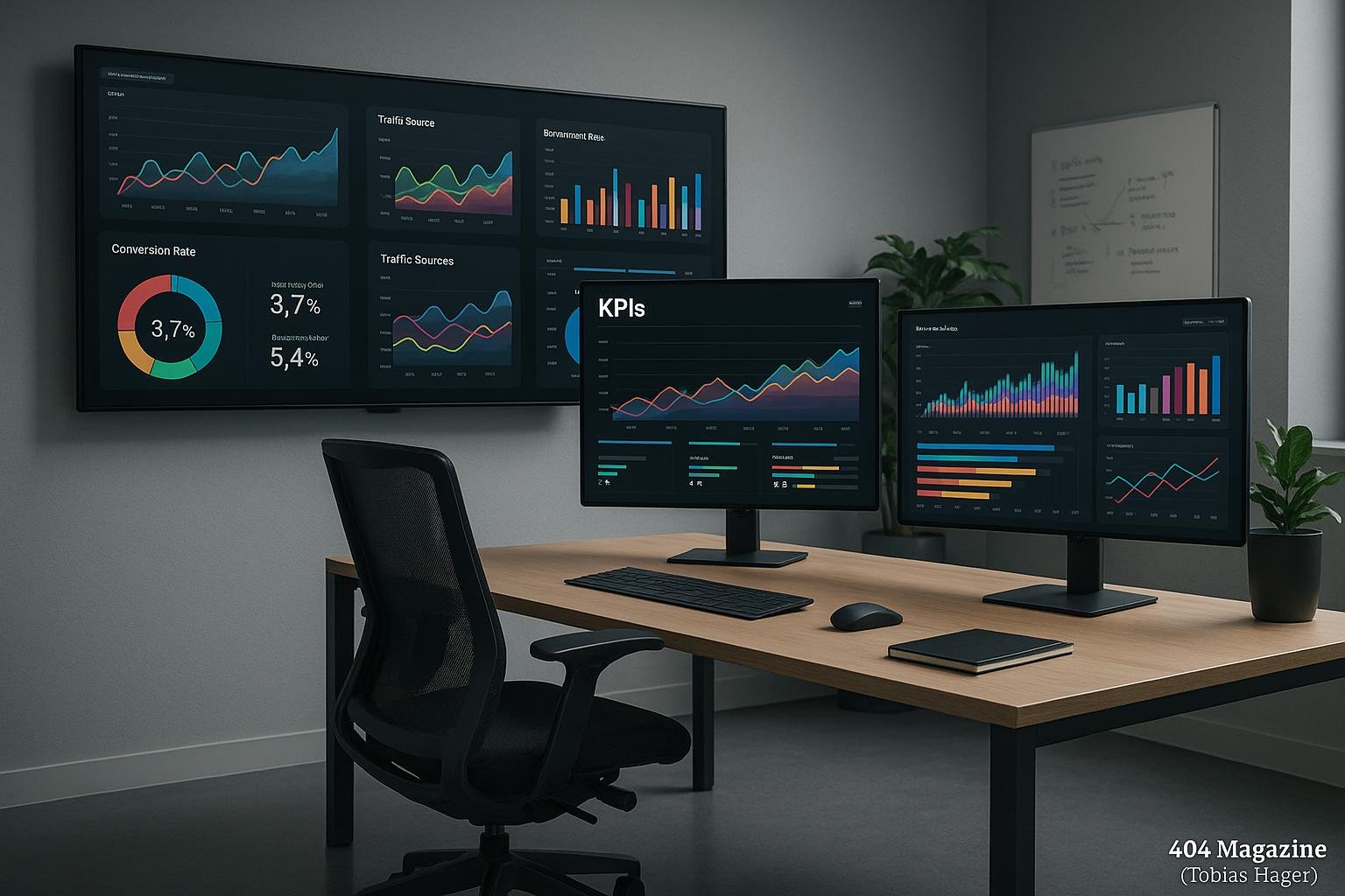 Modernes Büro mit digitalen Screens, KPI-Dashboards, Diagrammen und plant für eine produktive Arbeitsumgebung