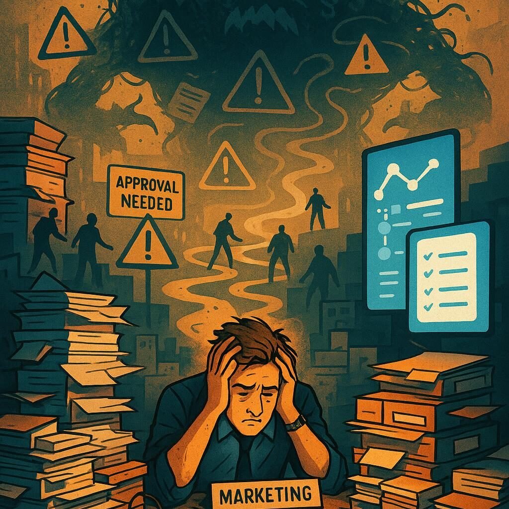 Chaotisches Büro mit Papierstapeln, Kabelsalat und digitalen Arbeitsplänen, das die Bürokratie im Marketing symbolisiert, mit Schattenmonster aus Dokumenten und Warnschildern.