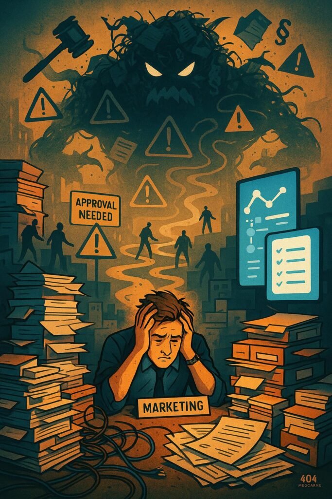 Chaotisches Büro mit Papierstapeln, Kabelsalat und digitalen Arbeitsplänen, das die Bürokratie im Marketing symbolisiert, mit Schattenmonster aus Dokumenten und Warnschildern.