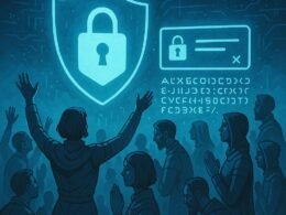 Moderne religiöse Versammlung mit leuchtenden Datenschutzsymbolen, Menschen in futuristischer Kleidung und digitalen Hintergründen, die den Spirit der Datenschutzbewegung darstellen.