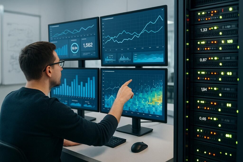 Modernes, hoch technisiertes Arbeitsumfeld mit Monitoren, Dashboard-Visualisierungen und Server, Szene voller Innovation und Präzision