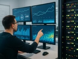 Modernes, hoch technisiertes Arbeitsumfeld mit Monitoren, Dashboard-Visualisierungen und Server, Szene voller Innovation und Präzision