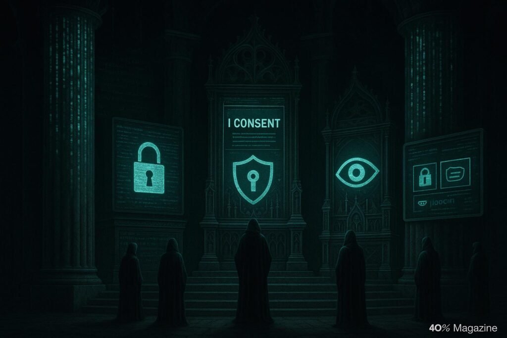 Dunkler digitaler Tempel mit leuchtenden Datenströmen, gebeugten Figuren in Kapuzen, Altären mit Symbolen für Überwachung, verschlüsselte Codes auf Hologrammen