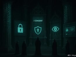 Dunkler digitaler Tempel mit leuchtenden Datenströmen, gebeugten Figuren in Kapuzen, Altären mit Symbolen für Überwachung, verschlüsselte Codes auf Hologrammen