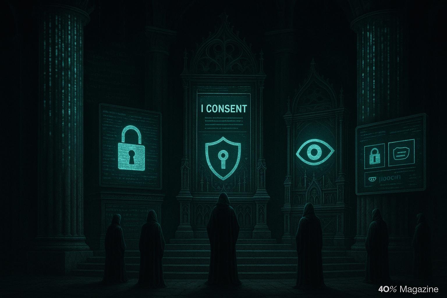 Dunkler digitaler Tempel mit leuchtenden Datenströmen, gebeugten Figuren in Kapuzen, Altären mit Symbolen für Überwachung, verschlüsselte Codes auf Hologrammen