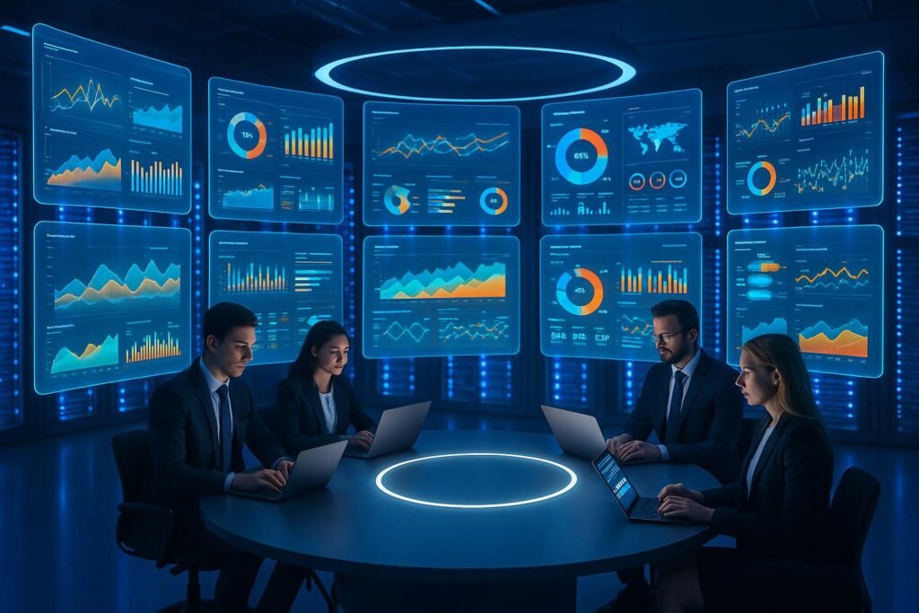 Futuristischer Datenraum mit holographischen Projektionsflächen, Team aus Experten arbeitet an Analyse-Dashboards bei leuchtenden Datenservern