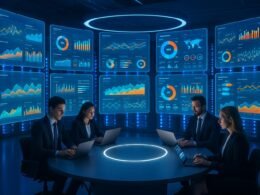 Futuristischer Datenraum mit holographischen Projektionsflächen, Team aus Experten arbeitet an Analyse-Dashboards bei leuchtenden Datenservern