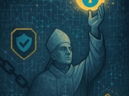 Abstraktes Bild eines religiösen Führers, der eine leuchtende Datenkugel hält, umgeben von digitalen Symbolen, Binärcodes und Cookie-Teufelssymbolen, symbolisiert Datenschutz und technologische Herausforderungen.