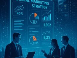 Hochmodernes digitales Marketing-Strategiebild mit schwebendem Dashboard, vernetzten Linien, Servern und Business-Analysten in futuristischen Farben.