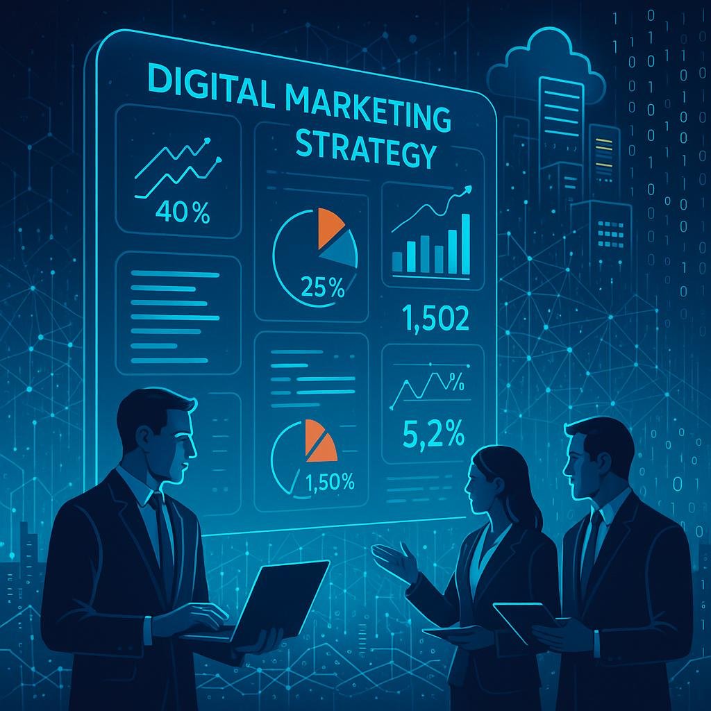 Hochmodernes digitales Marketing-Strategiebild mit schwebendem Dashboard, vernetzten Linien, Servern und Business-Analysten in futuristischen Farben.
