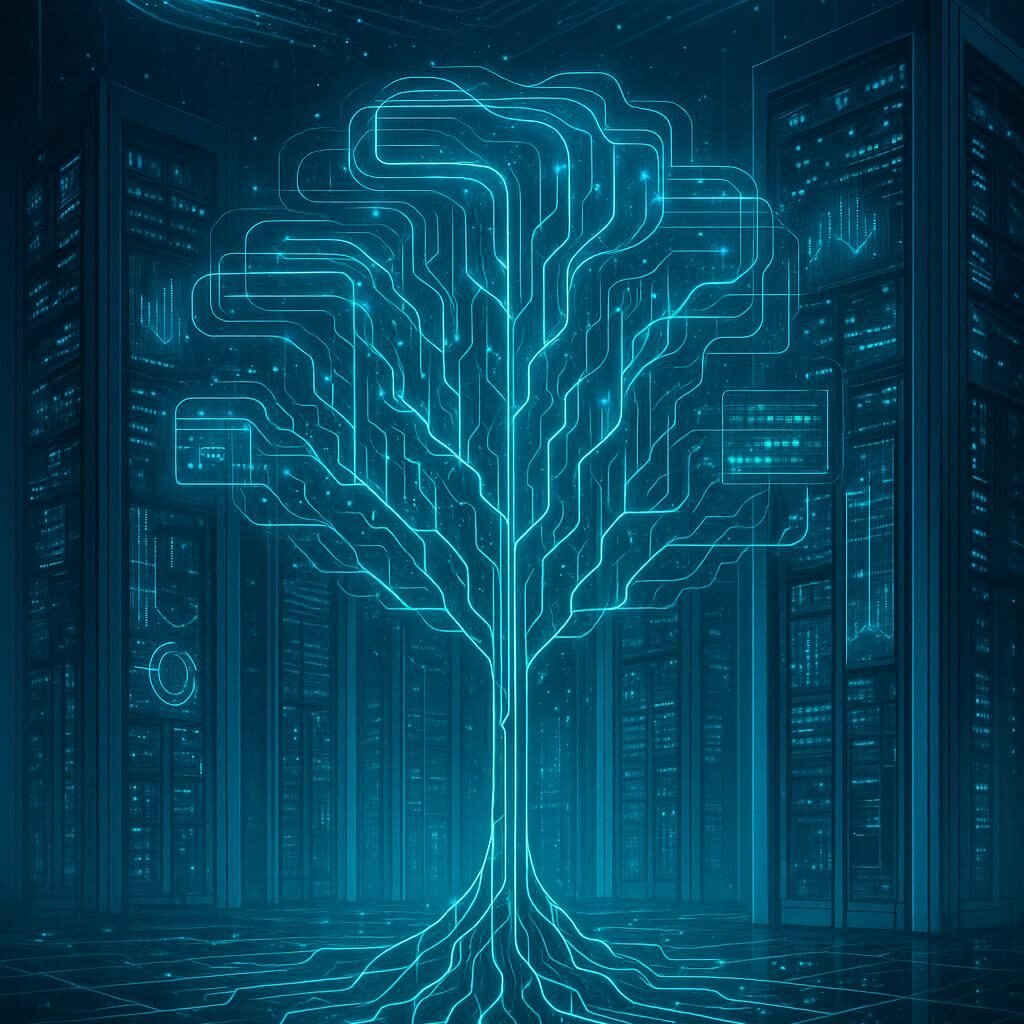 Futuristischer Tech-Wald mit leuchtenden Datenströmen, Serverracks und holografischen Datenvisualisierungen