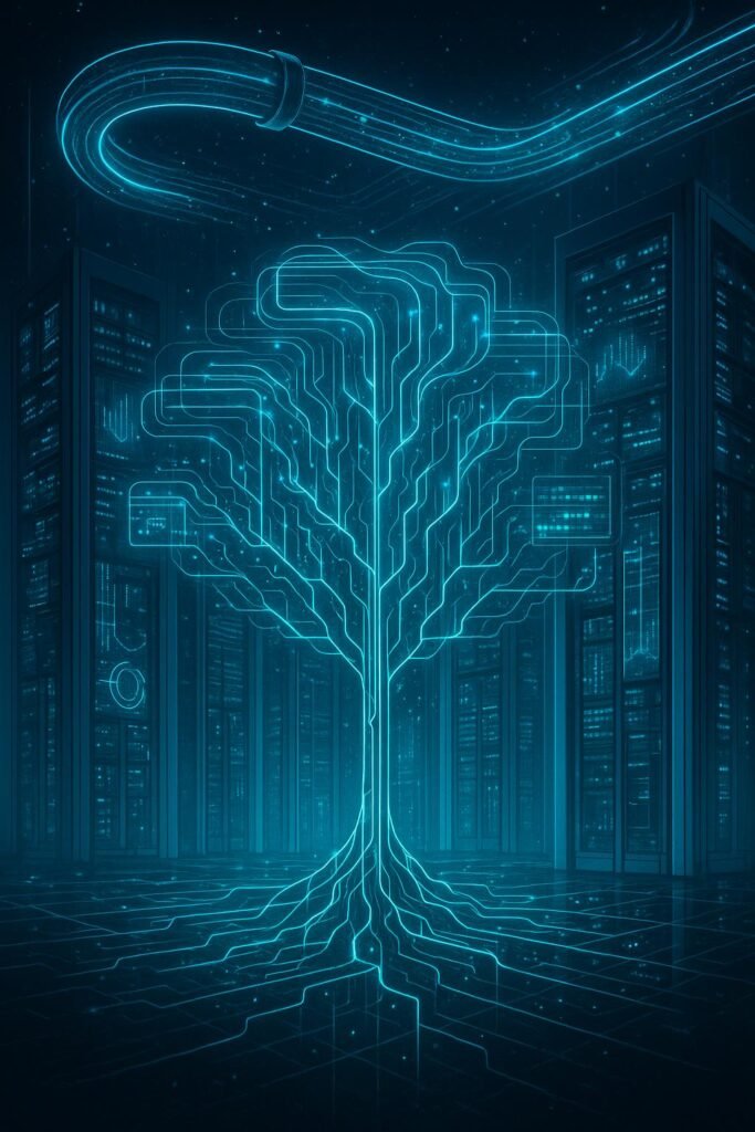 Futuristischer Tech-Wald mit leuchtenden Datenströmen, Serverracks und holografischen Datenvisualisierungen