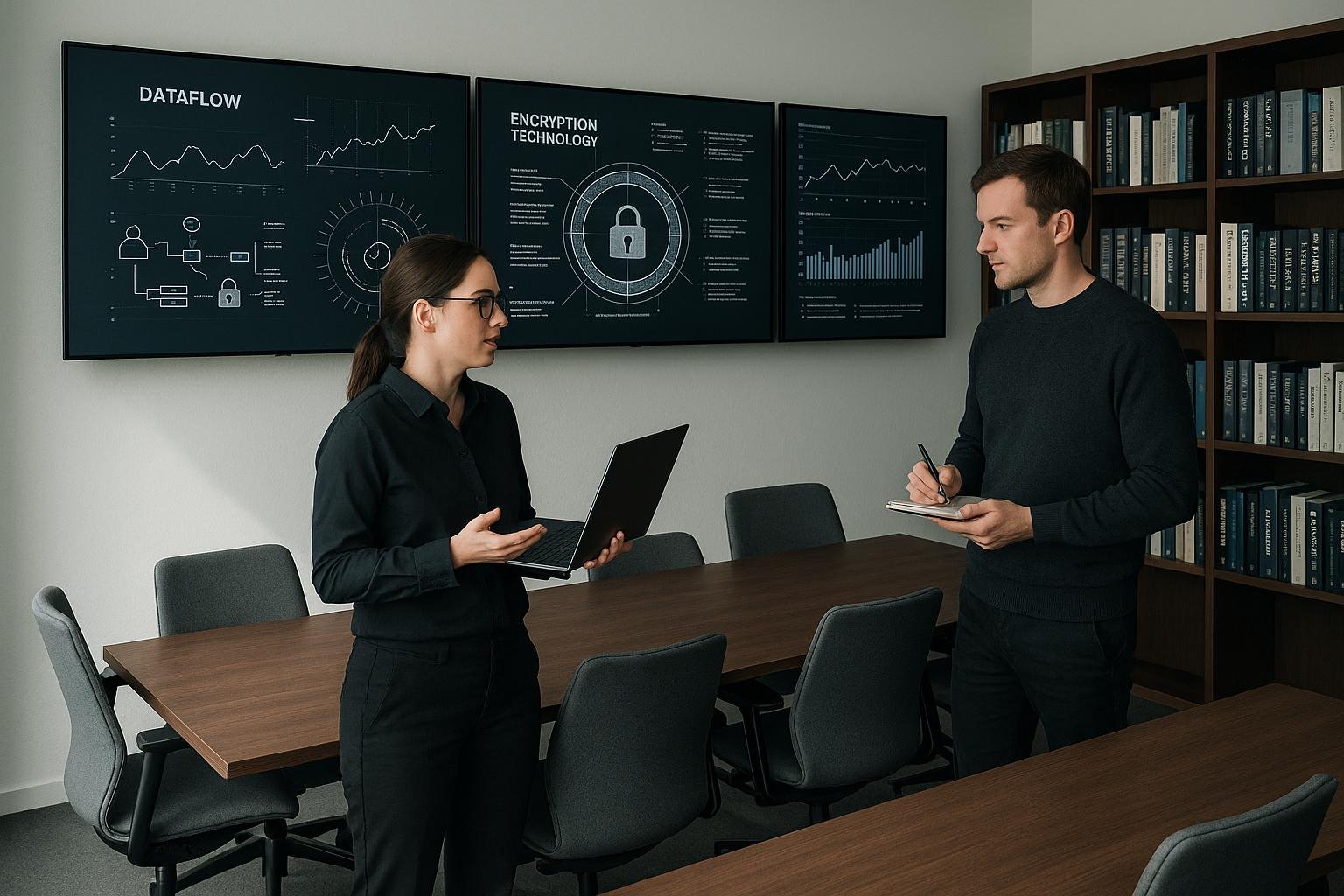 Moderne Konferenzszene mit Fachleuten, großen Bildschirmen und Bücherregalen zu Datenschutz und IT-Security