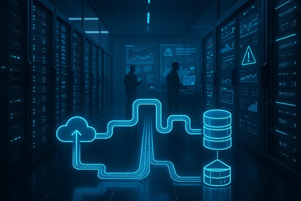 Datenzentrum mit transparenten Glaswänden, leuchtenden LED-Indikatoren, holografischen Datenpipelines und Technikern im Hintergrund, alles in kühlen Blau- und Grautönen.
