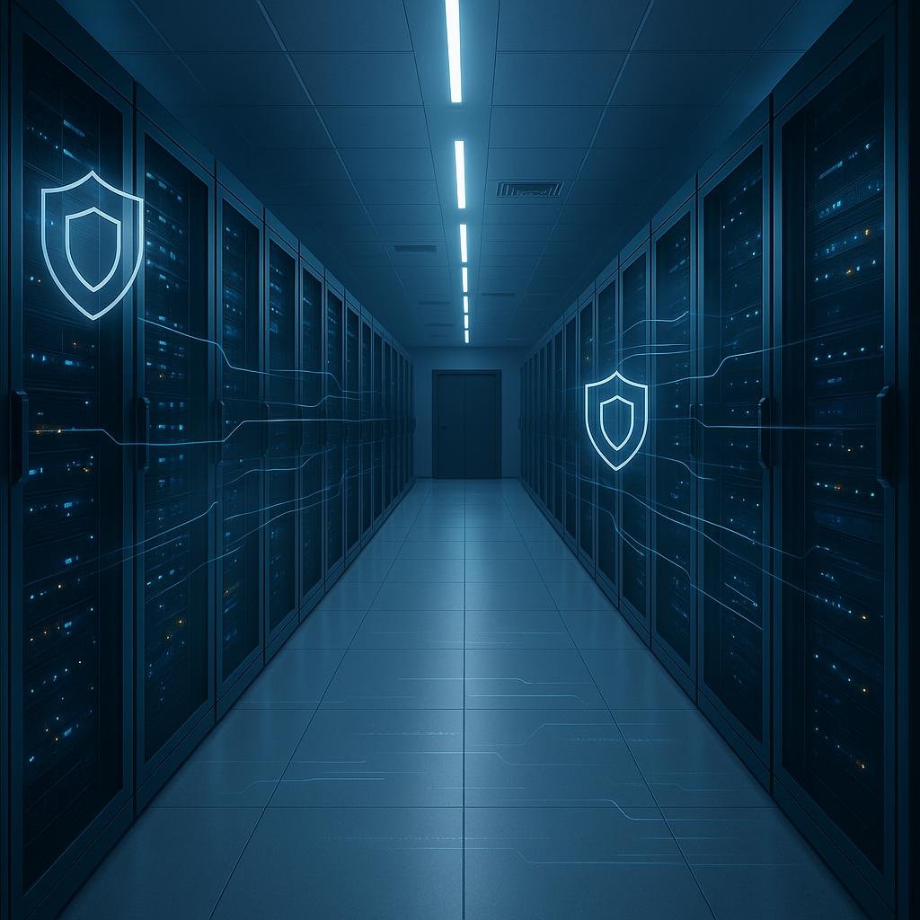 Modernes Rechenzentrum mit Serverracks, blauen LED-Lichtern und digitalen Sicherheitssymbolen, hervorgehoben durch minimalistische Design und technologische Präzision.