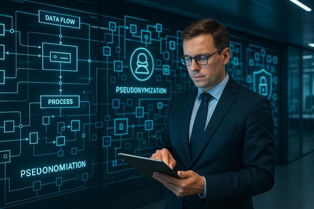 Futuristisches Büro mit digitaler Wand, Datenschutzbeauftragter mit Tablet, verschlüsselnde Grafiken und Sicherheitslayouts im Hintergrund