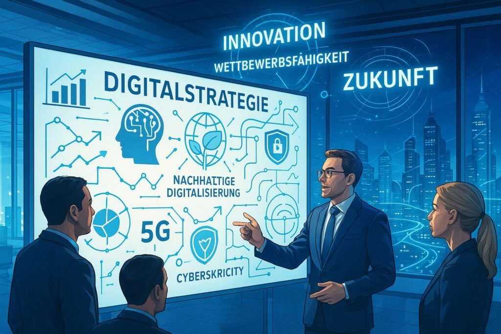 Geschäftsleute in einem hell erleuchteten Konferenzraum, die vor einem digitalen Whiteboard mit Strategiediagrammen zu KI, 5G, Cybersicherheit und nachhaltiger Digitalisierung stehen, im Hintergrund eine futuristische Stadt.