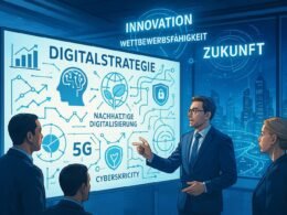 Geschäftsleute in einem hell erleuchteten Konferenzraum, die vor einem digitalen Whiteboard mit Strategiediagrammen zu KI, 5G, Cybersicherheit und nachhaltiger Digitalisierung stehen, im Hintergrund eine futuristische Stadt.