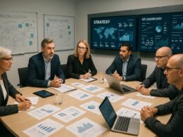 Gruppe von Entscheidungsträgern bei einem strategischen Meeting in einem modernen Büro mit digitalen Geräten und Whiteboards, das Digitalisierung, Technik und Kultur visualisiert.