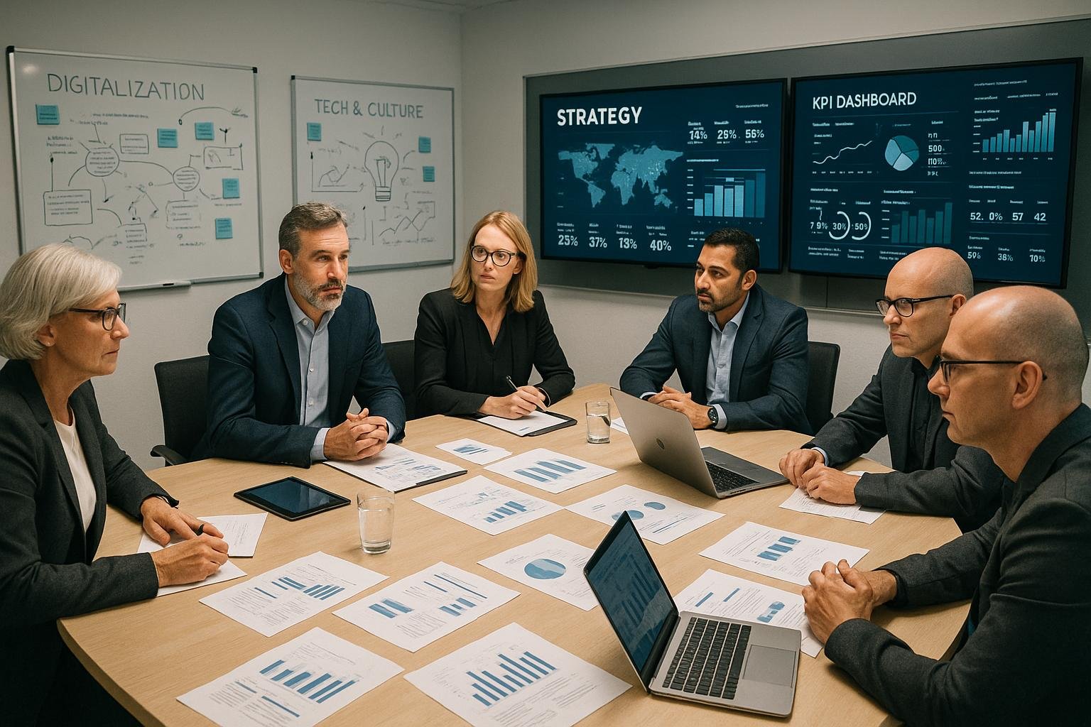 Gruppe von Entscheidungsträgern bei einem strategischen Meeting in einem modernen Büro mit digitalen Geräten und Whiteboards, das Digitalisierung, Technik und Kultur visualisiert.
