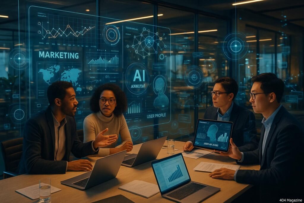 Diverse Fachleute in einem futuristischen Büro mit holographischen Anzeigen und interaktiven Datenvisualisierungen, die Künstliche Intelligenz im Marketing repräsentieren