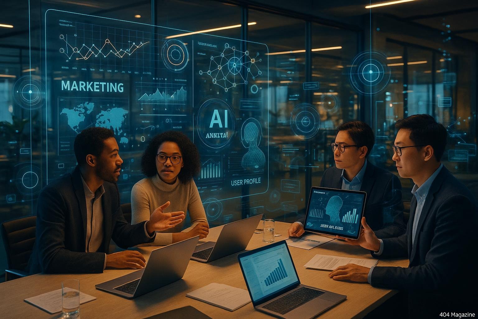 Diverse Fachleute in einem futuristischen Büro mit holographischen Anzeigen und interaktiven Datenvisualisierungen, die Künstliche Intelligenz im Marketing repräsentieren