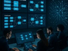 Modernes Control-Center mit großen Bildschirmen, Fachleuten bei der Arbeit und digitaler Infrastruktur im Hintergrund, visualisiert komplexe Datenflüsse und Systemvernetzung.