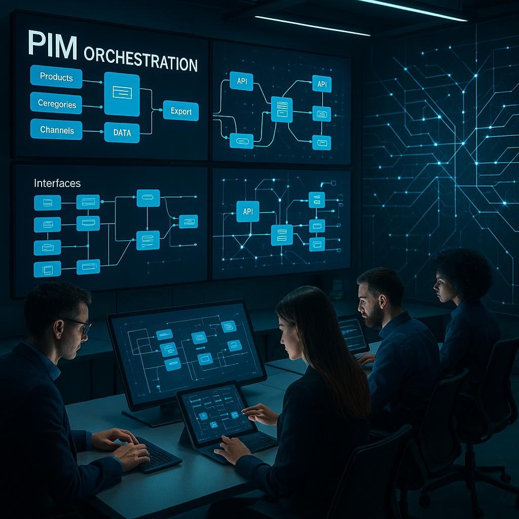 Modernes Control-Center mit großen Bildschirmen, Fachleuten bei der Arbeit und digitaler Infrastruktur im Hintergrund, visualisiert komplexe Datenflüsse und Systemvernetzung.