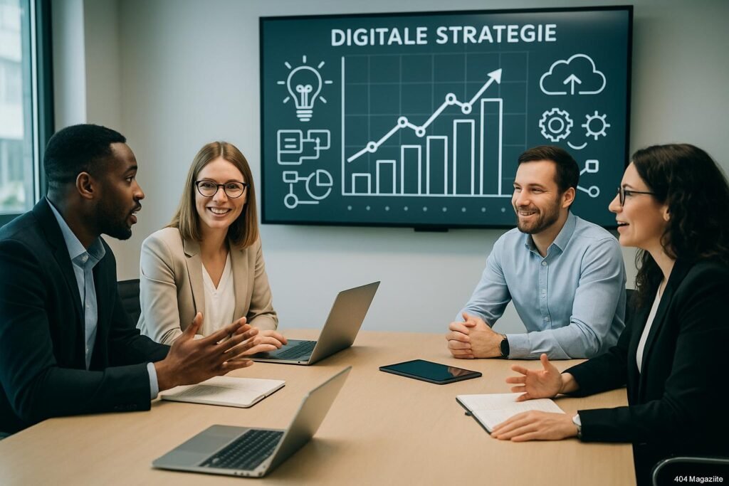 Gruppengespräch in einem modernen Büro mit digitalen Whiteboard, Laptops und Tablets, das digitale Strategien und Innovationen visualisiert