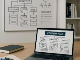 Modernes Büro mit Whiteboard, Laptop, Notizbüchern und Regalen zu SEO und Content-Strategie, zeigt professionelle Content-Planung