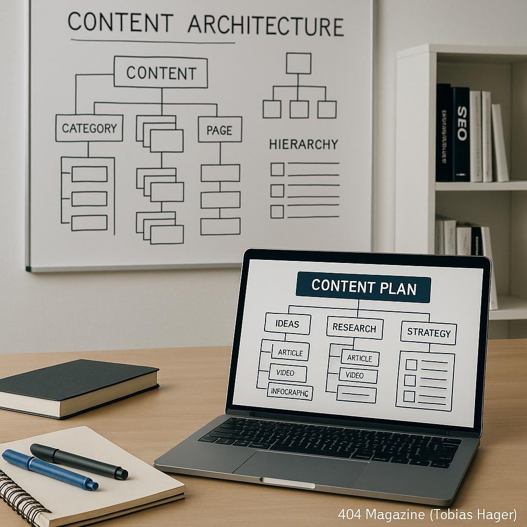 Modernes Büro mit Whiteboard, Laptop, Notizbüchern und Regalen zu SEO und Content-Strategie, zeigt professionelle Content-Planung