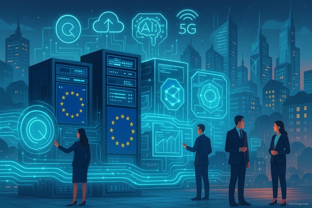 Futuristische europäische Stadt mit digitalem Hub, holographischen Interfaces und internationalen Fachkräften im Gespräch