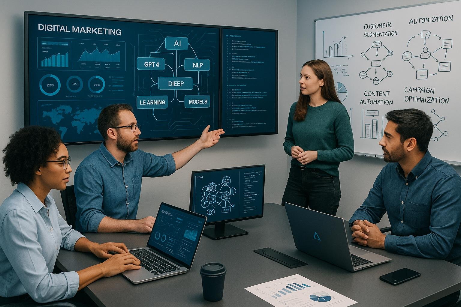 Dynamisches Büro mit Teams, die an KI-gestützten Marketingprojekten arbeiten, mit Bildschirmen und Whiteboards, die komplexe Daten und Strategien zeigen.