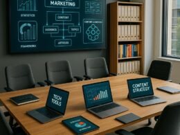 Modernes Büro mit großem digitalen Whiteboard, Konferenztisch, ergonomischen Stühlen und Regalen mit Marketing-Büchern zu strategischer Content-Planung