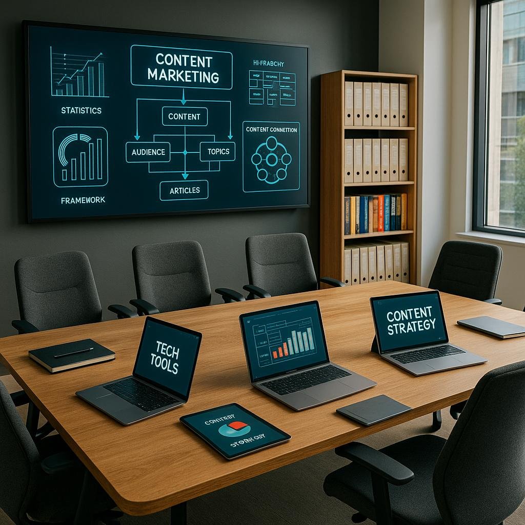 Modernes Büro mit großem digitalen Whiteboard, Konferenztisch, ergonomischen Stühlen und Regalen mit Marketing-Büchern zu strategischer Content-Planung