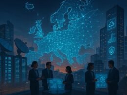 Moderne europäische Stadtsilhouette bei Dämmerung mit digitalen Datenzentren, Satellitenschüsseln und holographischen Schnittstellen, umgeben von Fachleuten, die Daten analysieren.