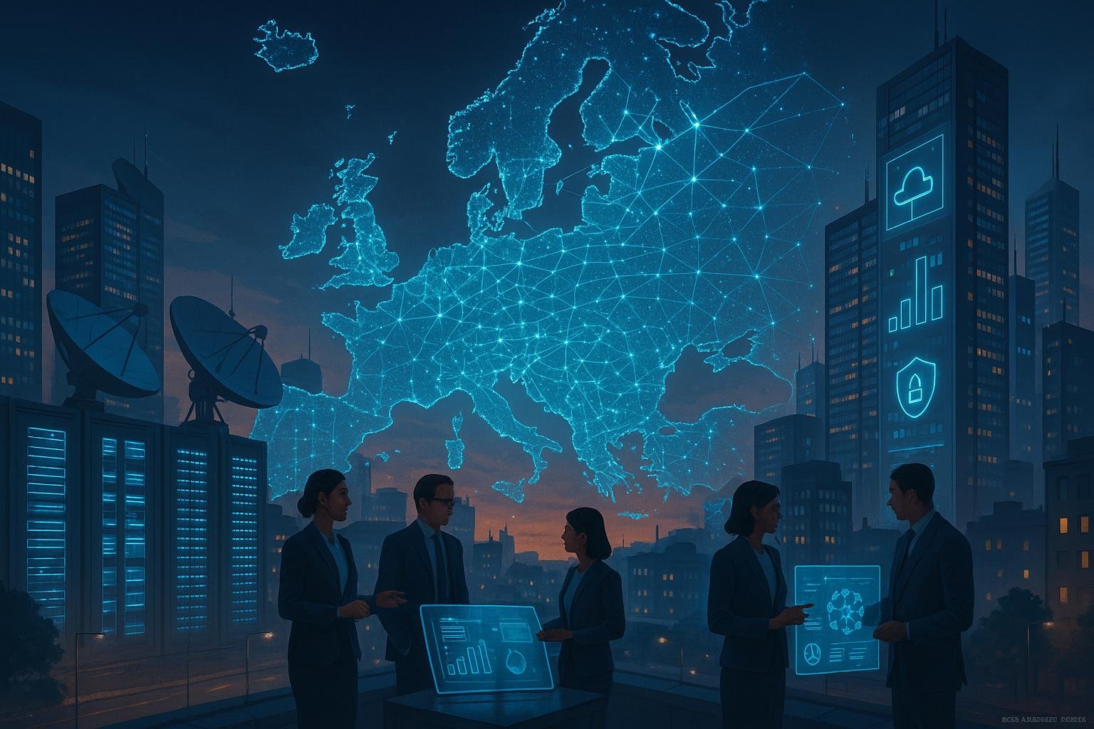 Moderne europäische Stadtsilhouette bei Dämmerung mit digitalen Datenzentren, Satellitenschüsseln und holographischen Schnittstellen, umgeben von Fachleuten, die Daten analysieren.