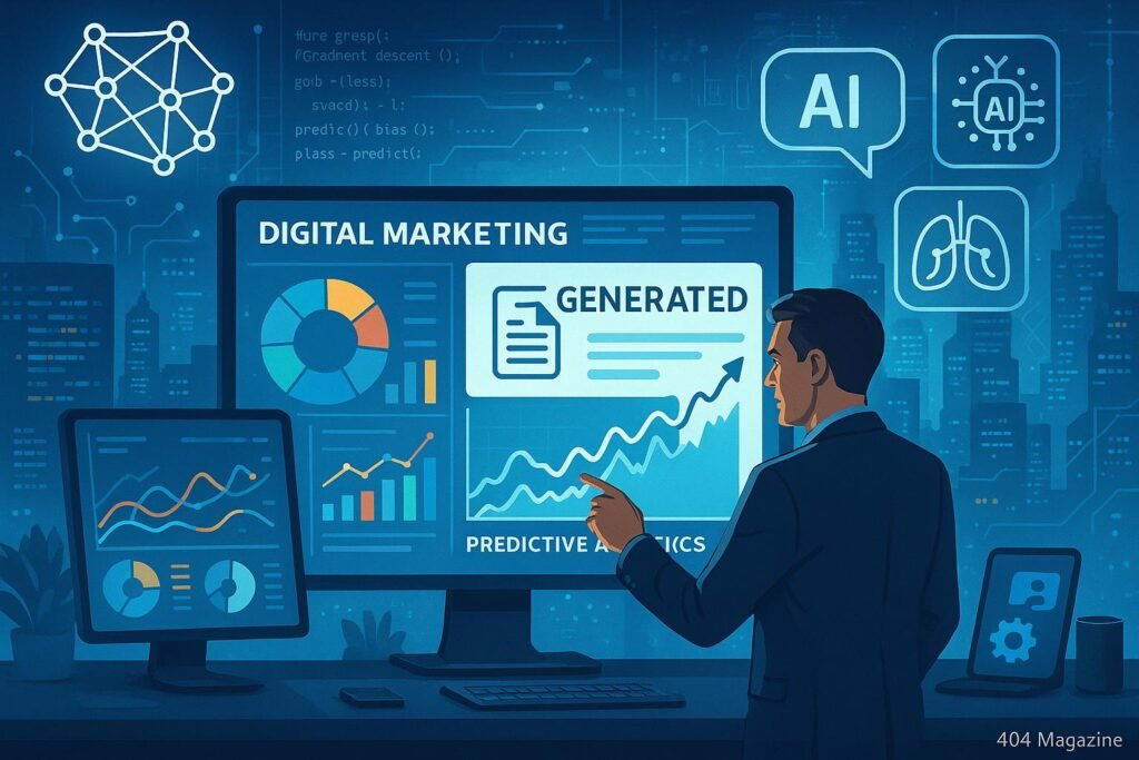 Ein moderner Arbeitsplatz für digitales Marketing mit interaktiven Bildschirmen, KI-Technologien und einer futuristischen Stadt im Hintergrund, dargestellt im Stil von Tobias Hager für 404 Magazin.