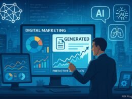 Ein moderner Arbeitsplatz für digitales Marketing mit interaktiven Bildschirmen, KI-Technologien und einer futuristischen Stadt im Hintergrund, dargestellt im Stil von Tobias Hager für 404 Magazin.