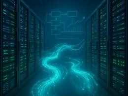 Futuristisches Rechenzentrum mit leuchtenden Server-Racks, holographischen Datenströmen und digitaler Vernetzung, im Hintergrund ein Diagramm des Datenflusses, hochwertig und innovativ.