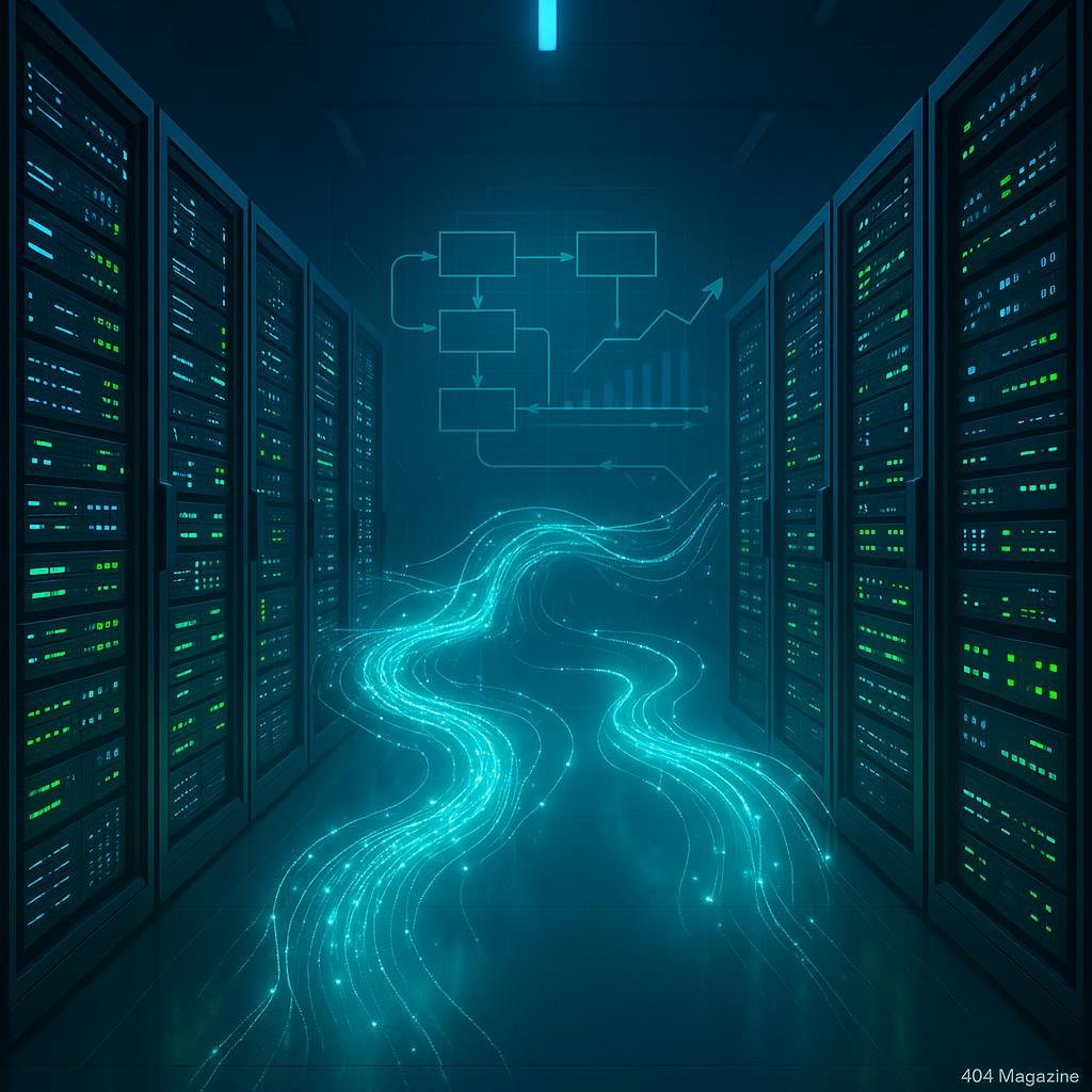 Futuristisches Rechenzentrum mit leuchtenden Server-Racks, holographischen Datenströmen und digitaler Vernetzung, im Hintergrund ein Diagramm des Datenflusses, hochwertig und innovativ.