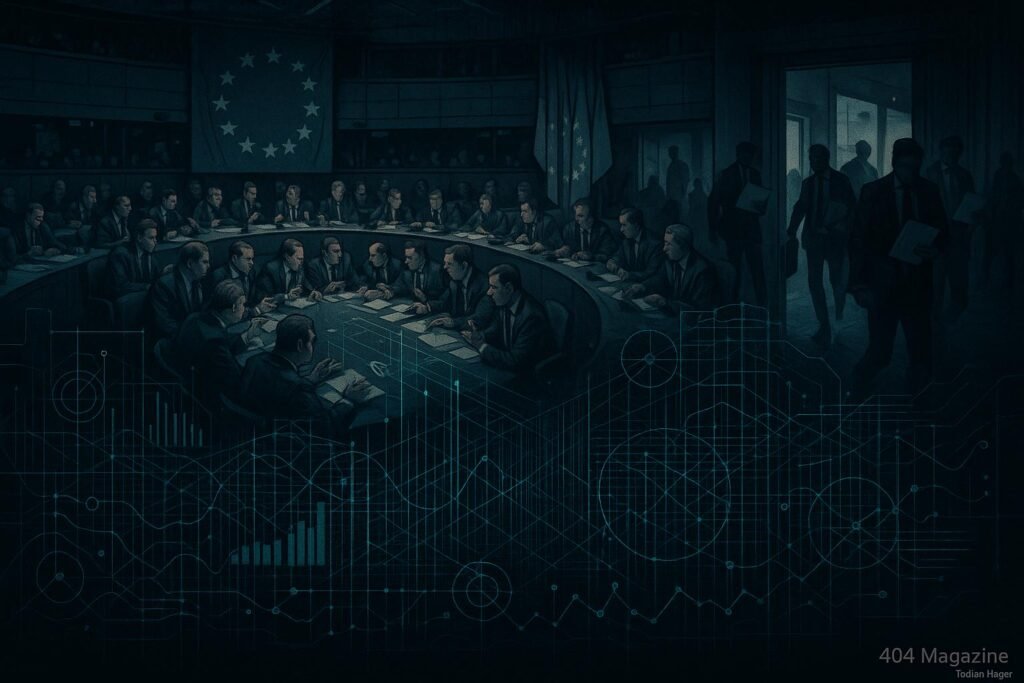 Innenansicht eines EU-Parlamentssaals mit Politikern, europäischen Flaggen, Lobbyisten und schematischen Datenströmen, dunkle Atmosphäre.