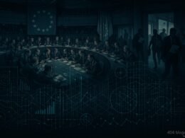 Innenansicht eines EU-Parlamentssaals mit Politikern, europäischen Flaggen, Lobbyisten und schematischen Datenströmen, dunkle Atmosphäre.